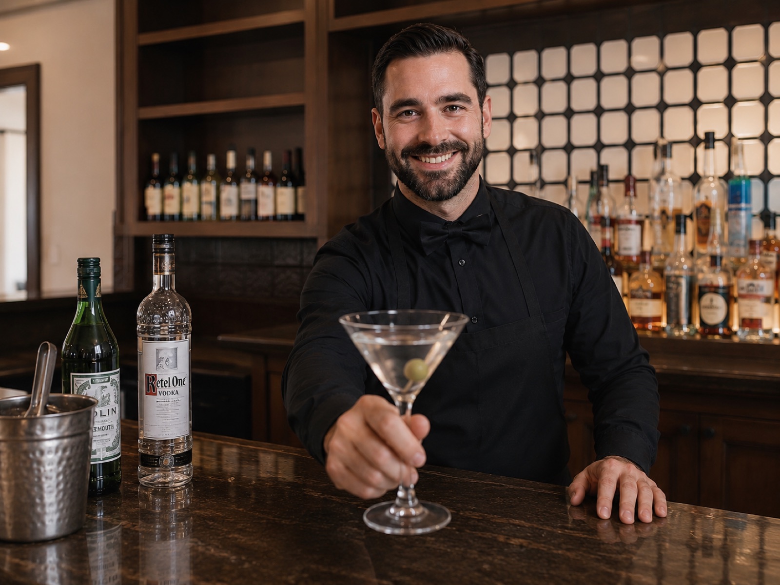 Bartender serving a martini at the Rio bar