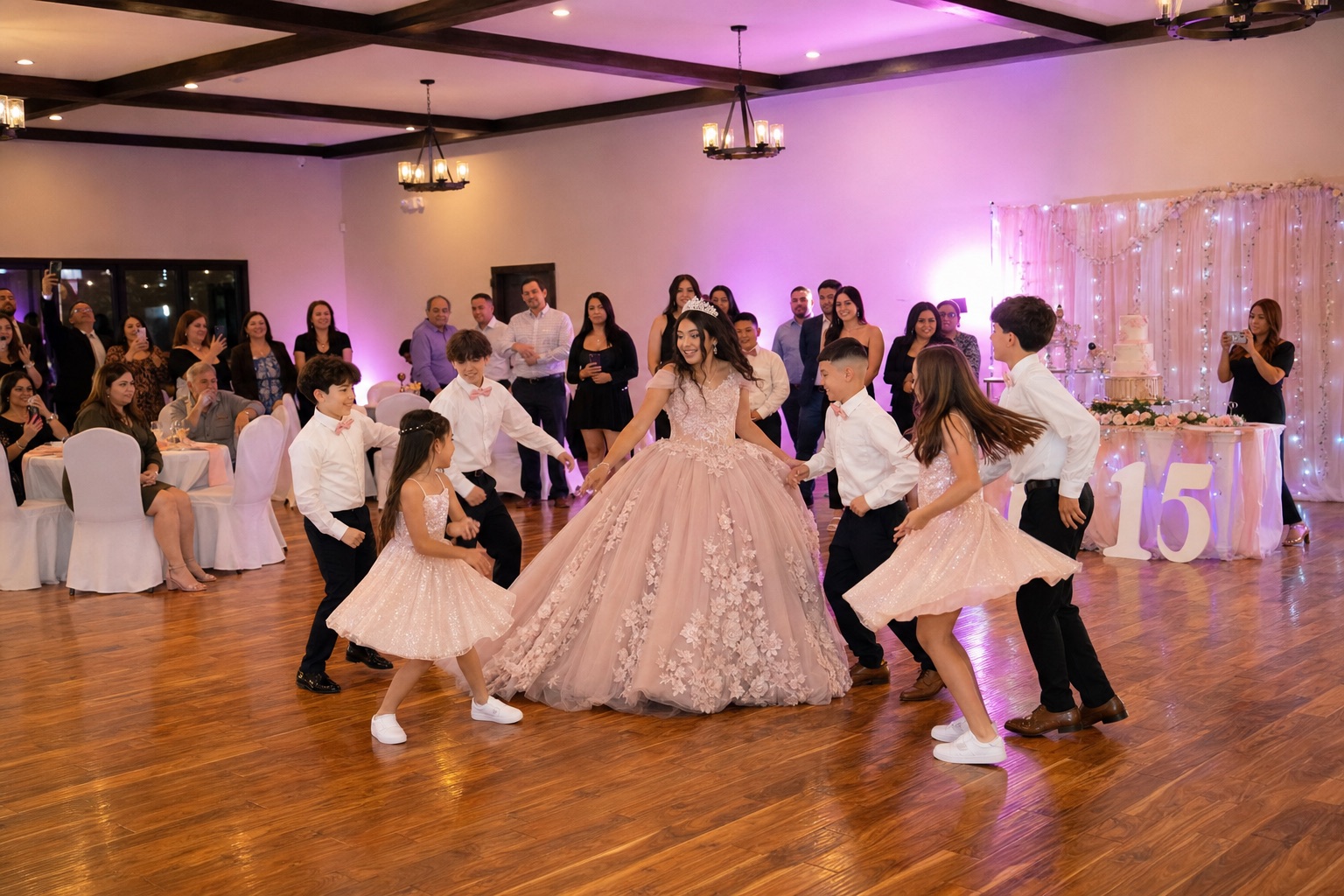 Quinceañera dancing in a pink gown at Rio Event Center in Belen, New Mexico